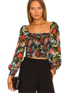 Alice + Olivia Black Floral Smocked Square-Neck Crop Top